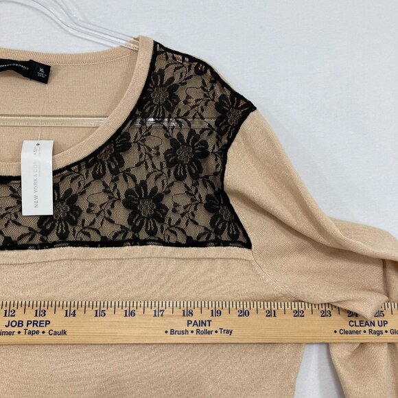NWT New York & Company size XL Cream Black Lace Ruffle Detail Stretch Knit Top - Picture 7 of 10